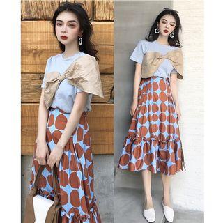Short-sleeve Bow-accent Top / Dotted A-line Midi Skirt