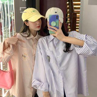 Long-sleeve Rabbit Embroidered Striped Shirt