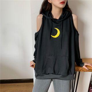 Moon Print Cold Shoulder Hooded Long-sleeve T-shirt