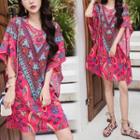 3/4-sleeve Printed Mini Beach Dress As Shown In Figure - One Size