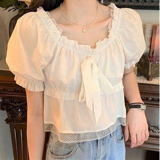 Ruffled Puff Sleeve Plain Top White - One Size