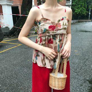 Spaghetti-strap Flower Print Top Almond - One Size