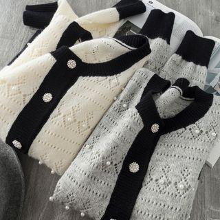 Faux Pearl Pointelle Knit Cardigan