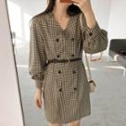 Belted Long-sleeve Plaid Double-breasted A-line Dress