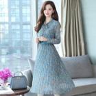 Floral Print Long-sleeve Midi Accordion Pleat Chiffon Dress