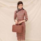 Plaid 3/4 Sleeve Qipao Dress