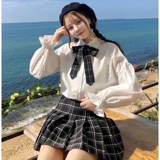 Long-sleeve Blouse With Tie / Plaid Mini Skirt