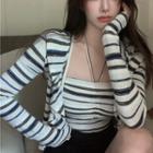 Set: Striped Halter Top + Cardigan White & Gray & Blue - One Size