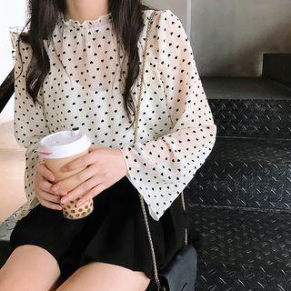 Long-sleeve Frill Trim Heart Patterned Chiffon Top / Ripped Knit Vest