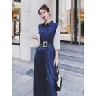 Elbow-sleeve Collar Two-tone Cropped Jumpsuit