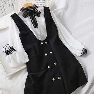 Set: Long-sleeve Bow-accent Blouse + Mini Pinafore Dress