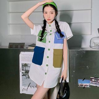 Elbow-sleeve Color Block Mini Shirtdress