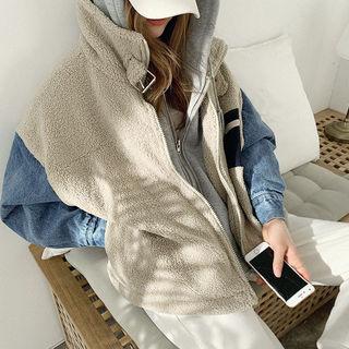 Hoodie Layered Sherpa-fleece Zip Jacket Beige - One Size