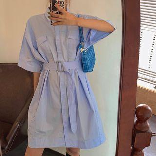 Plain Short-sleeve Mini Shirtdress With Sash