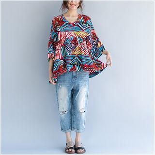 Patterned Elbow-sleeve Top