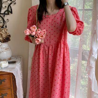 Balloon-sleeve Heart Embroidered Maxi A-line Dress