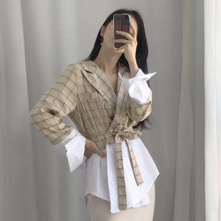 Paneled Plaid Blazer White & Khaki - One Size