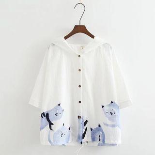 Cat Print Elbow-sleeve Hooded Blouse
