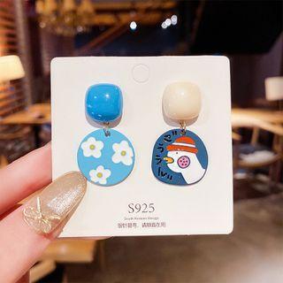 Asymmetrical Duck Drop Earring Cs047 - 1 Pair - Asymmetric - Blue & Beige - One Size