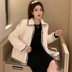 Tweed Trim Faux Shearling Buttoned Jacket / Long-sleeve Glitter Midi Sheath Dress