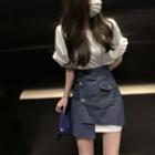 Set: Short-sleeve T-shirt + Denim Mini Pencil Skirt