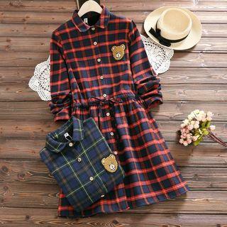 Bear Applique Plaid Long-sleeve A-line Shirt Dress