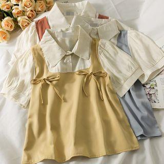 Ribbon-accent Colorblock Mock Two-piece Shirt