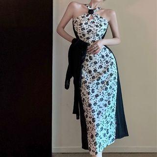 Halter Floral Midi Sheath Dress / Shrug