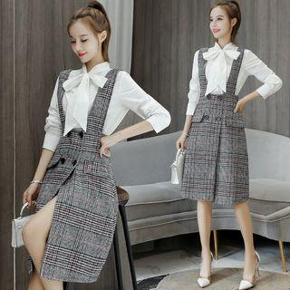 Set: Long-sleeve Bow-neck Skirt + Plaid Jumper Dress