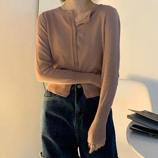 Round Neck Plain Cropped Cardigan Pink - One Size