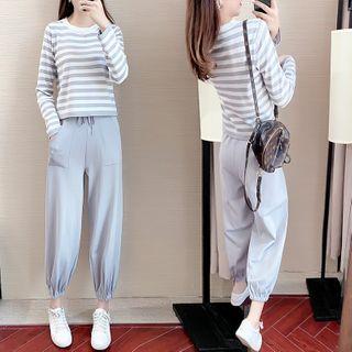 Set: Striped Long-sleeve Knit Top + Plain Harem Pants