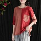 3/4-sleeve Color Block Pocket T-shirt Red - One Size