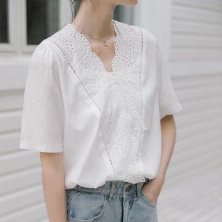 V-neck Eyelet Panel Short-sleeve Top