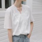 V-neck Eyelet Panel Short-sleeve Top