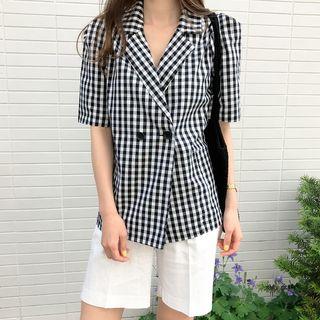 Short-sleeve Double-breasted Gingham Blazer Black - One Size