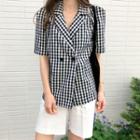 Short-sleeve Double-breasted Gingham Blazer Black - One Size