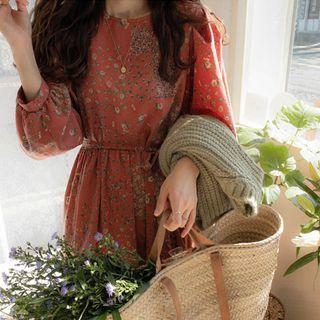Tie-waist Floral Print Chiffon Dress Light Red - One Size