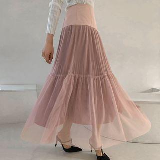 Contrast-panel Mesh-overlay Maxi Skirt