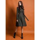 Open-placket Belted Plaid Dress