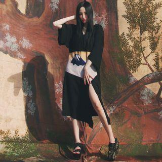 3/4-sleeve Printed Midi Dress Black - One Size