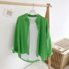 Set Of 2: Short-sleeve V-neck T-shirt + Long-sleeve Plain Shirt Green - One Size