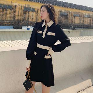Lapel Color Block Lantern-sleeve Dress