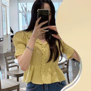 Collared Scalloped Peplum Cardigan