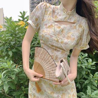 Puff-sleeve Floral Print Cutout Faux Pearl Midi Bodycon Dress