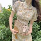 Puff-sleeve Floral Print Cutout Faux Pearl Midi Bodycon Dress