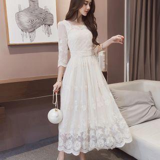 Elbow-sleeve Frill Tie-waist Oversized Cutout Plain Slim Lace Long Sheath Dress