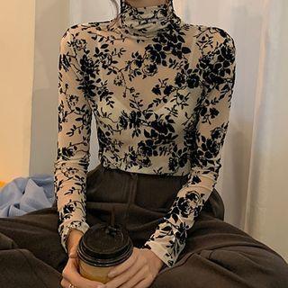 Long-sleeve Turtleneck Floral Print Top Black Flower - Almond - One Size