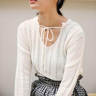 Tie Neck Open Knit Sweater