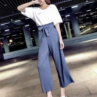 Set: Short-sleeve T-shirt + Cropped Rib-knit Wide-leg Pants