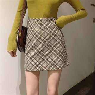Turtleneck Long-sleeve Top / Plaid A-line Mini Skirt